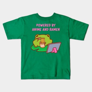 Powered by anime and ramen, anime fan, funny anime quote, cute anime lover frog Kids T-Shirt